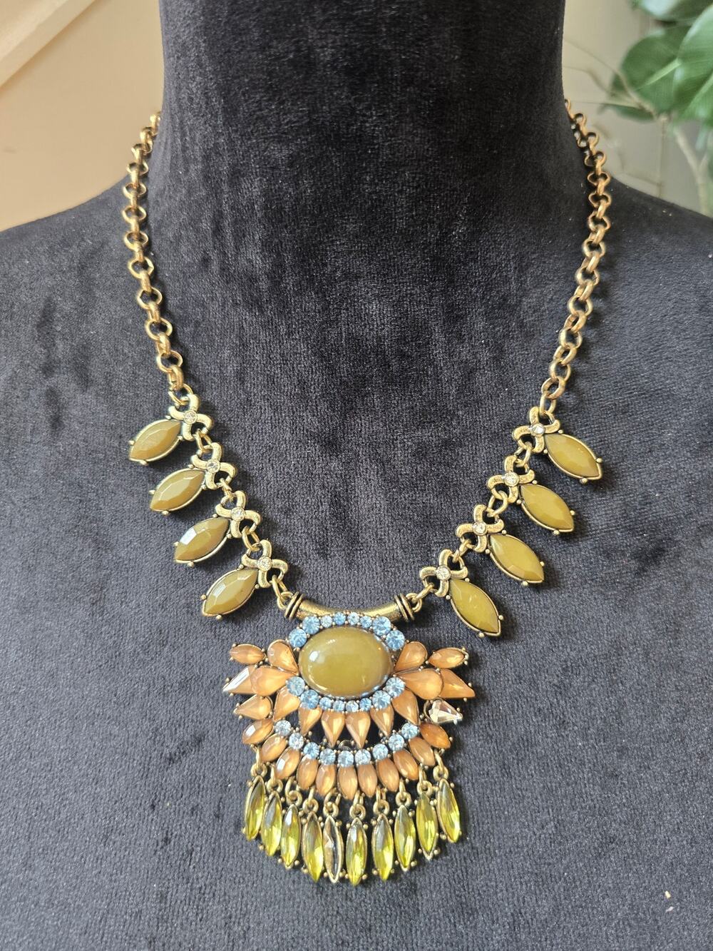 Gold Tone Multicolor Rhinestone Fringe Bib Statement Necklace